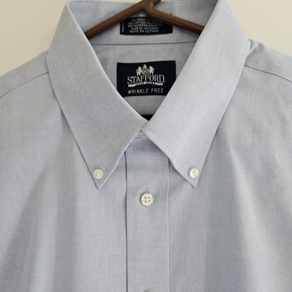 NWT Stafford Dress Shirt Men L XL 17 32 33 Blue Oxford Button Long Sleeve Formal - Picture 4 of 7